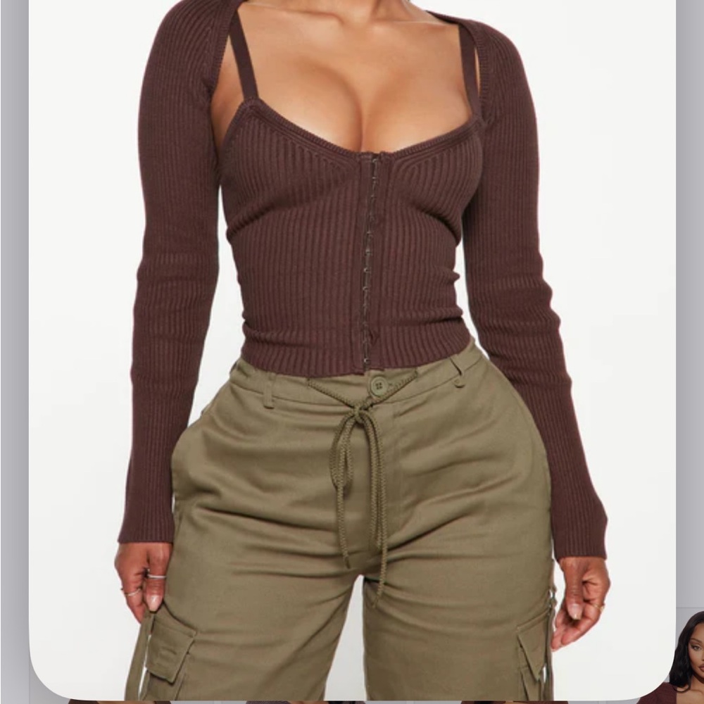 Brown Ribbed Long Sleeve Top